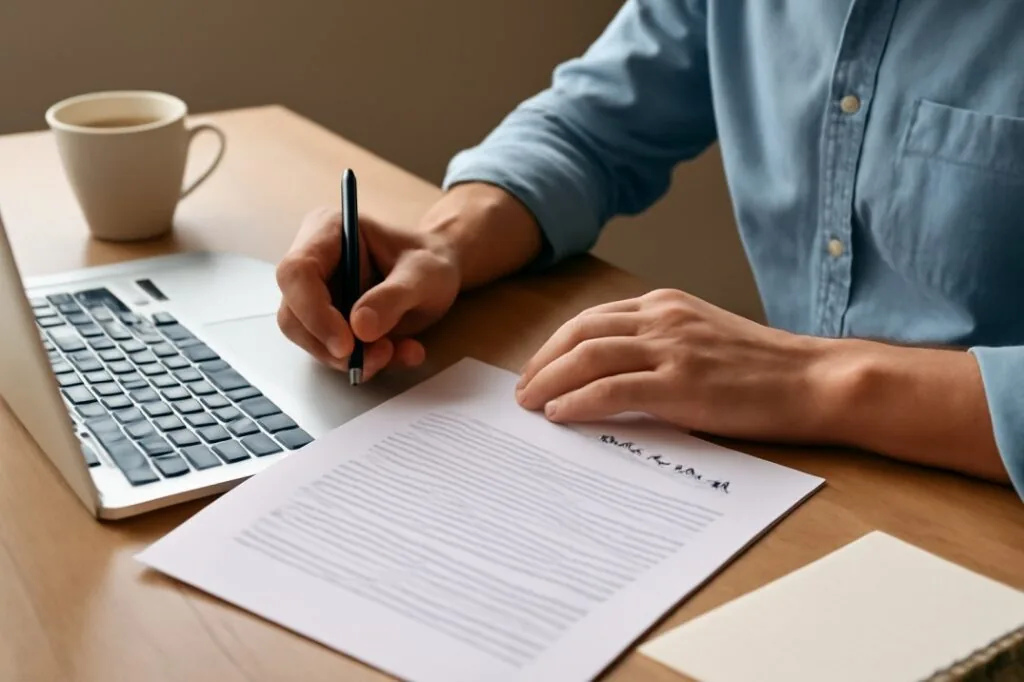 Person reviewing a cover letter on a wooden desk