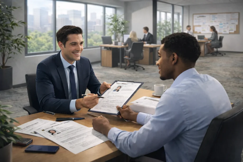 Agent discussing prep before interview 