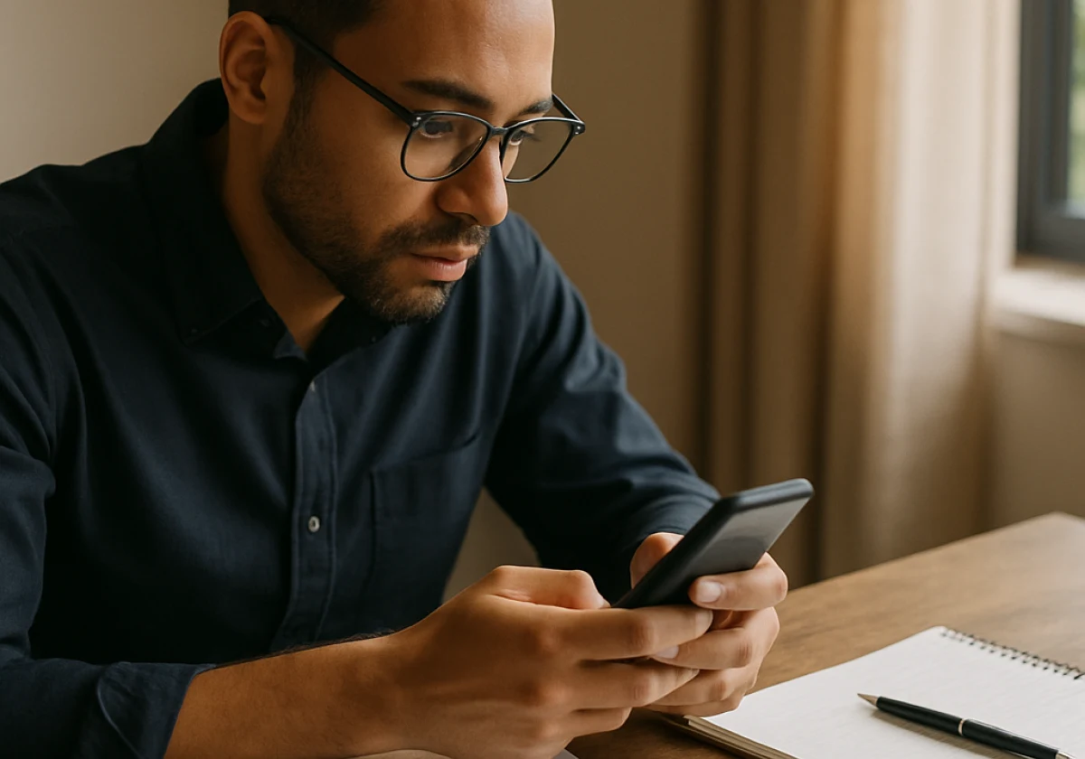 A professional sitting at a home desk or café, focused intently