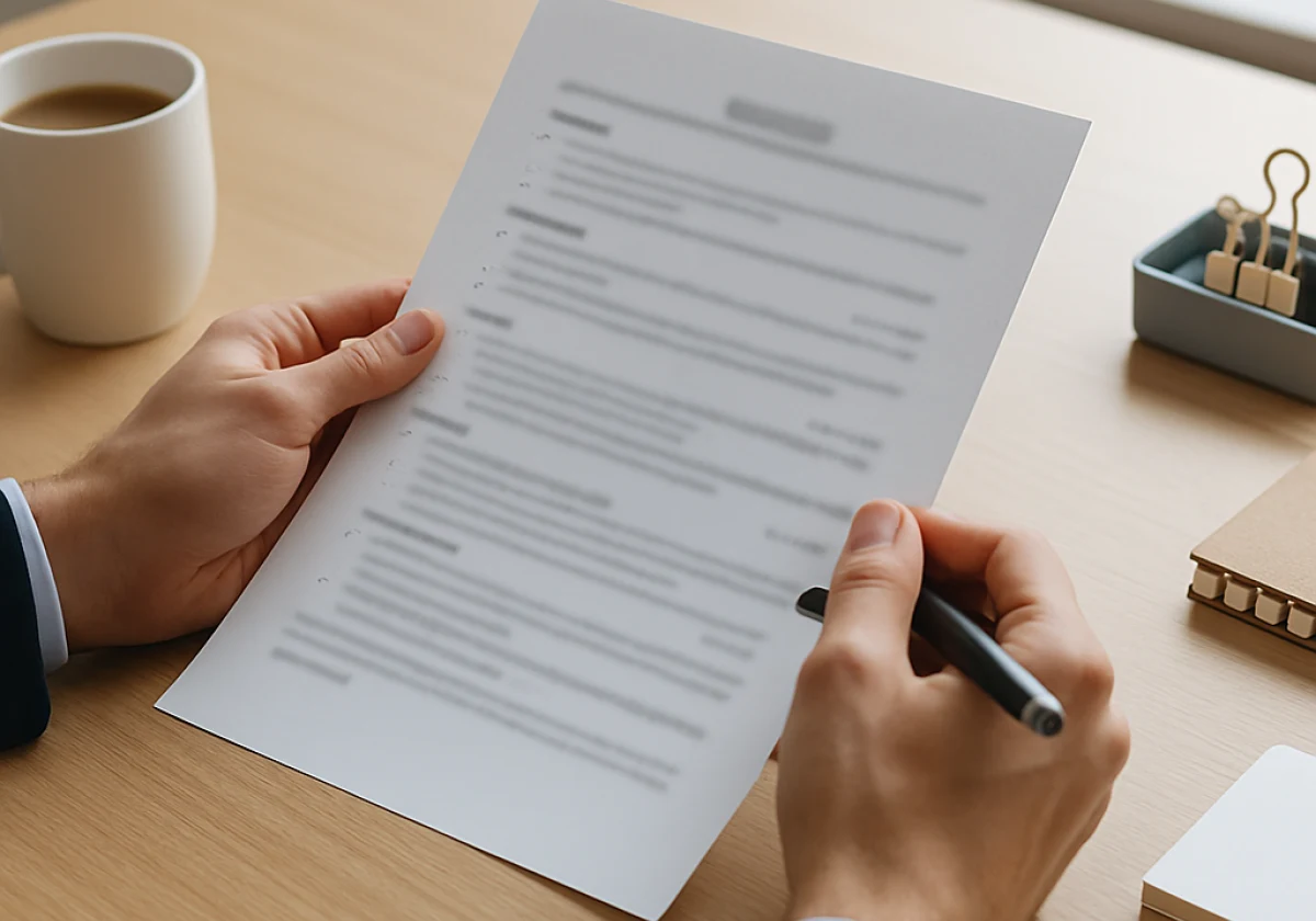 A recruiter's hands holding a single printed page document flat
