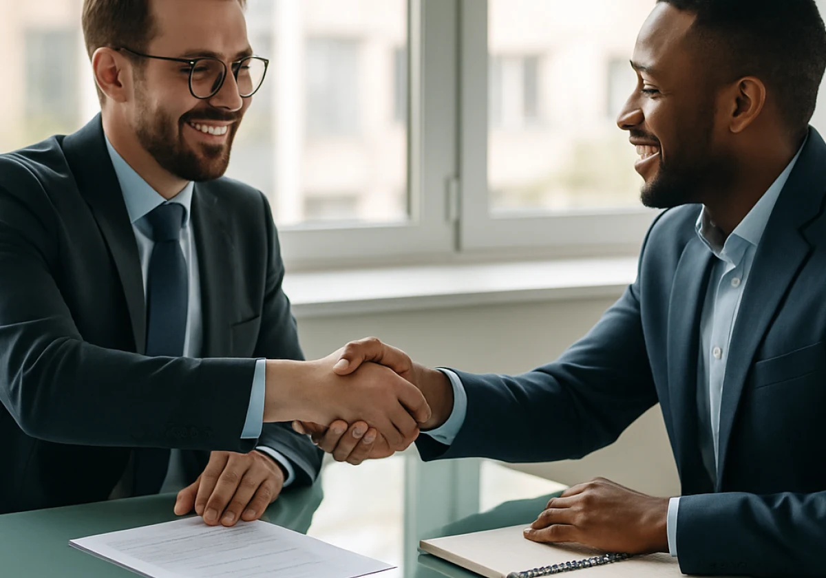 Hiring manager and candidate shaking hands across a glass conference