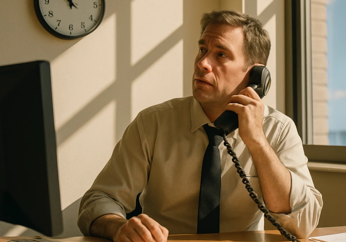 Hiring manager seated at an office desk in bright midday sunlight