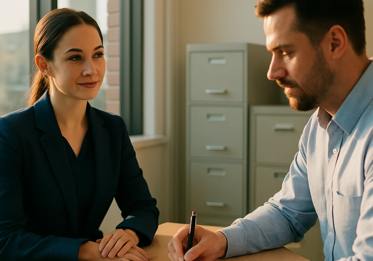 Professional woman in navy business attire sitting at a desk across