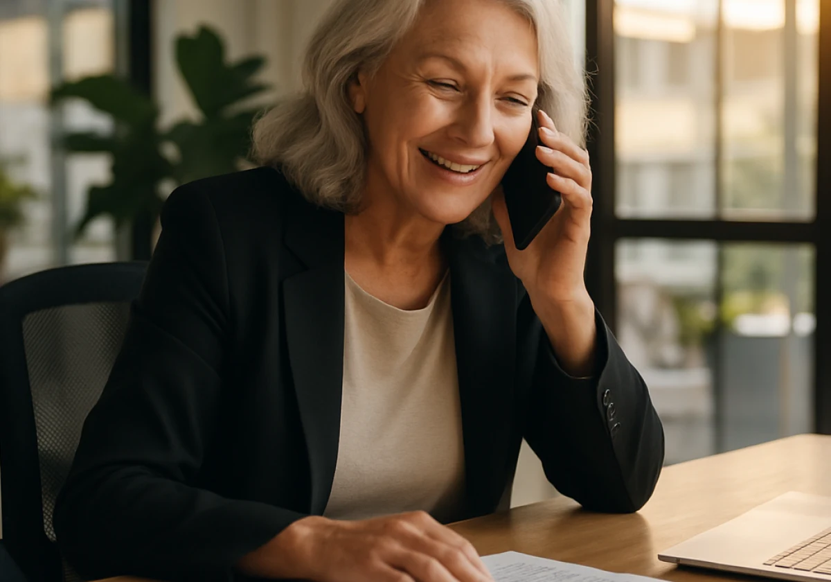 Senior recruiter on a phone call at her desk in a bright modern office