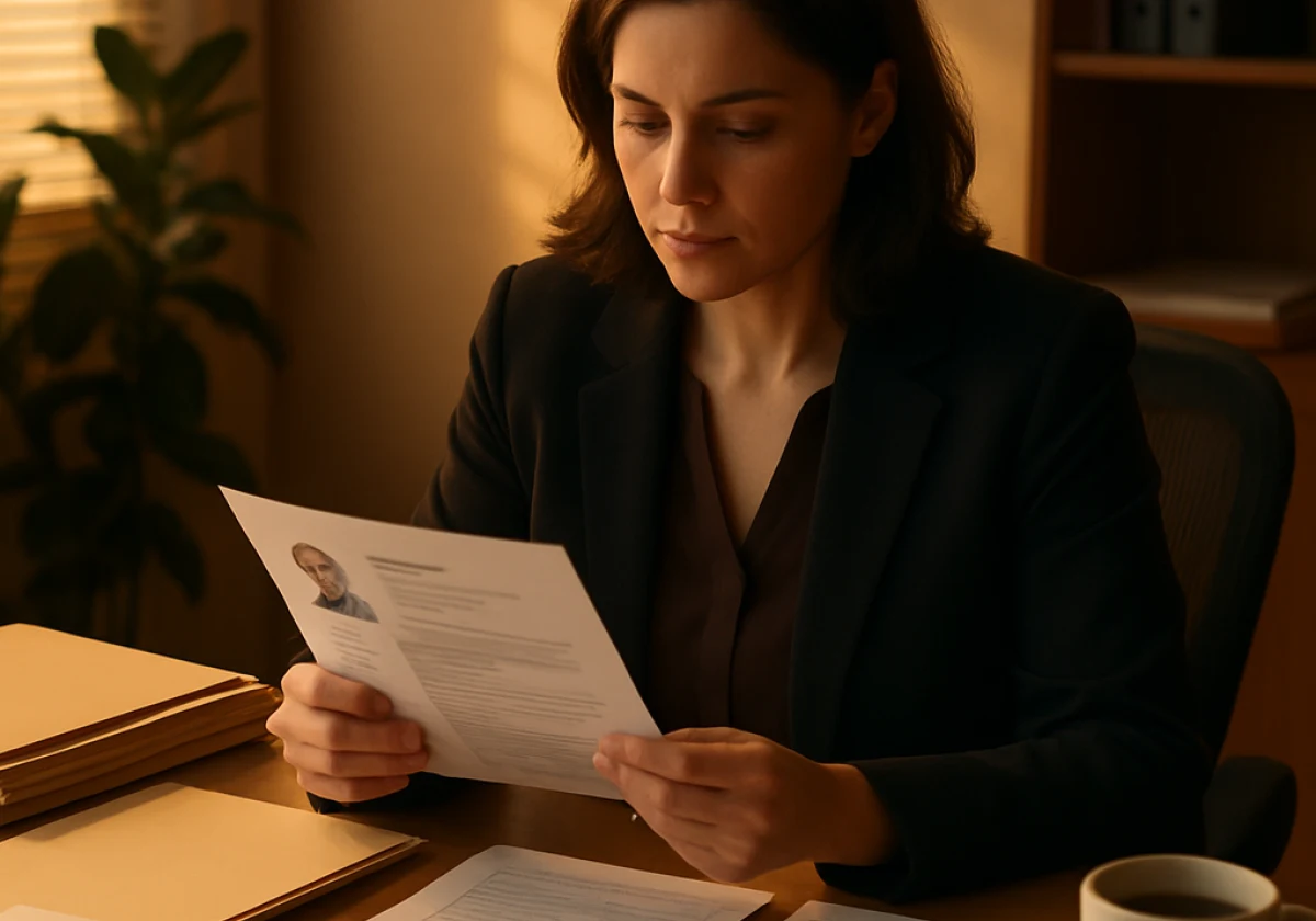 Talent acquisition director reviewing printed candidate profiles