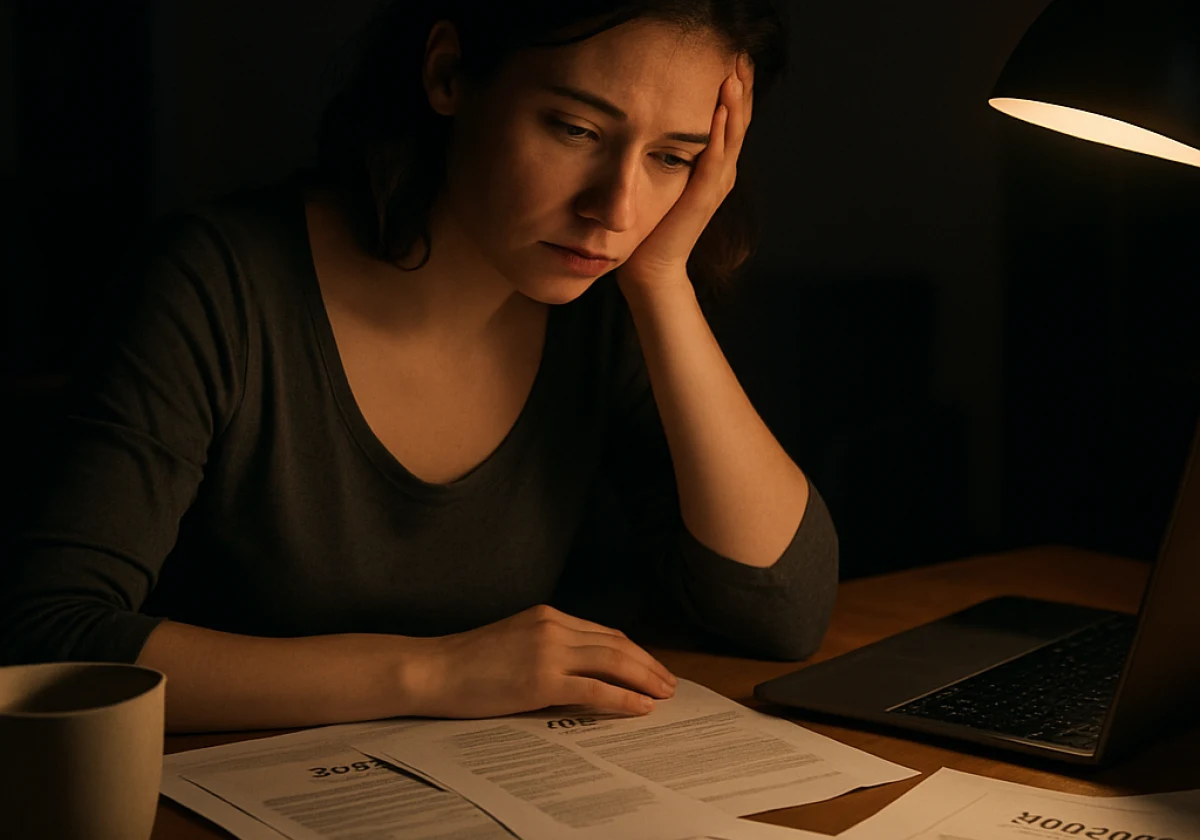 Woman at her home desk late at night in casual clothing
